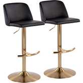 Toriano Adjustable Swivel Bar Stool in Black Leatherette & Gold (Set of 2)